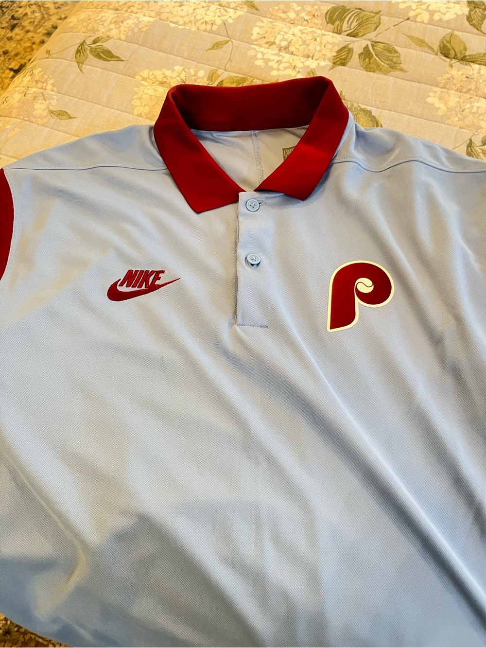 Nike Light Blue Polo with Red Collar and Phillies Logo size medium NEW.